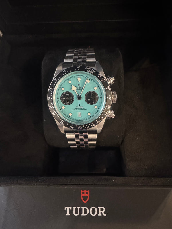 Tudor black bay chronograph flamingo blue dial 2025 box and papers