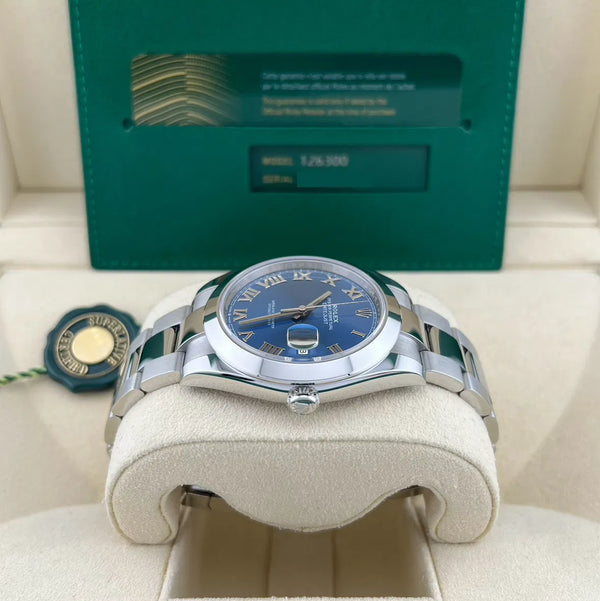 Rolex Datejust 41mm smooth bezel blue roman dial, 2025 model, box and papers