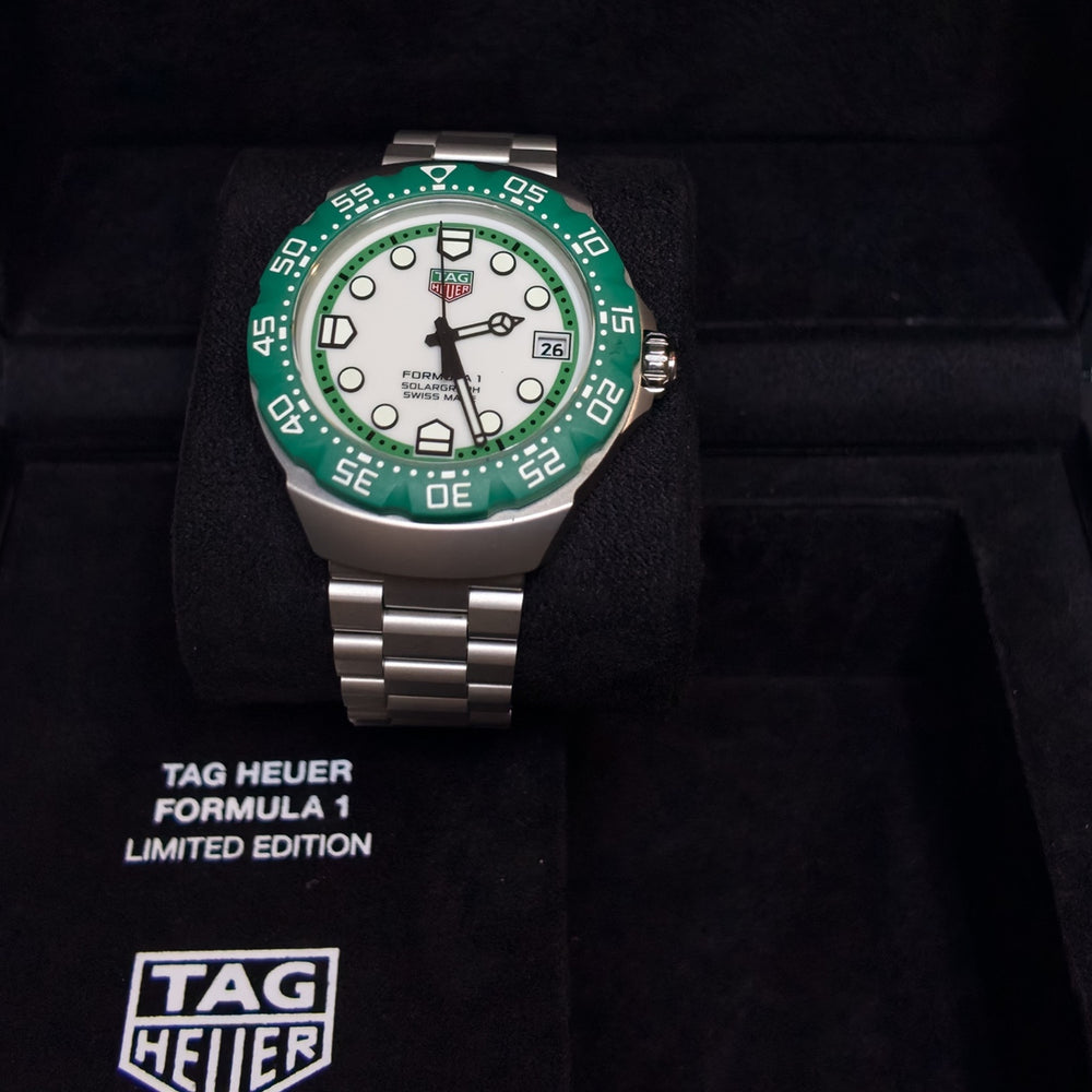 Tag Heuer Solargraph, Green bezel. Ref: WBY1113, Brand new unworn, box and papers.