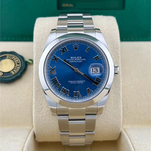 Rolex Datejust 41mm smooth bezel blue roman dial, 2025 model, box and papers