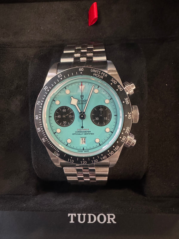Tudor black bay chronograph flamingo blue dial 2025 box and papers