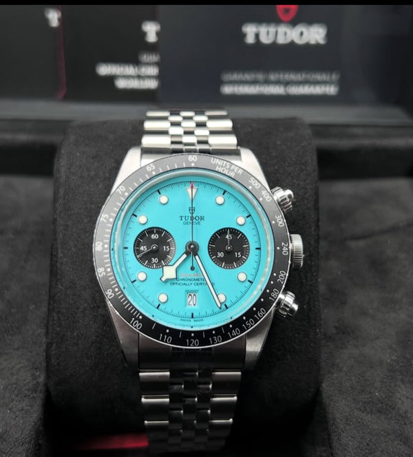 Tudor black bay chronograph flamingo blue dial 2025 box and papers